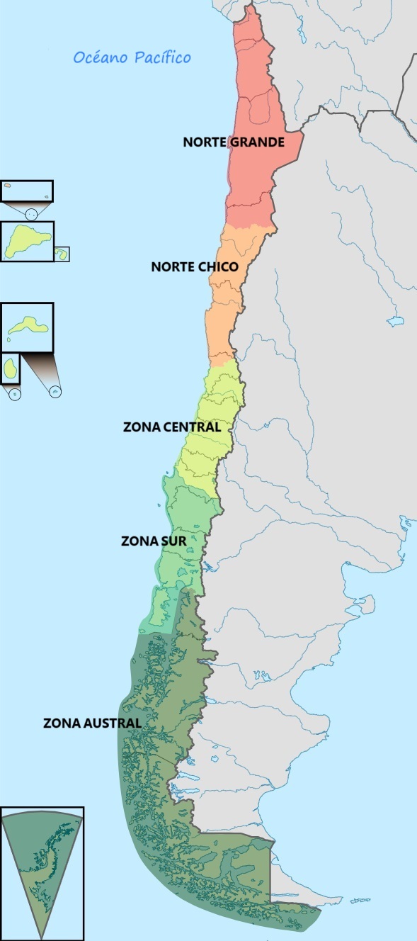 Mapa de Chile con la división geográfica de sus regiones naturales