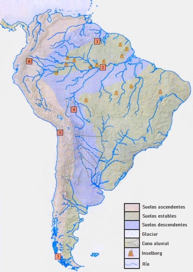Mapa de América del Sur con la evolución del paisaje