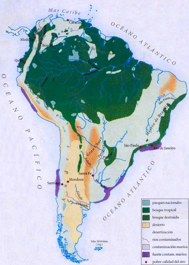 Mapa de América del Sur que muestra diversas características de su Medio ambiente