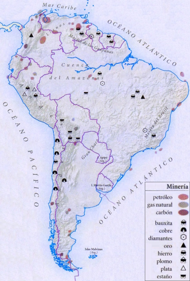 Mapa de América del Sur que muestra la ubicación de sus recursos mineros 