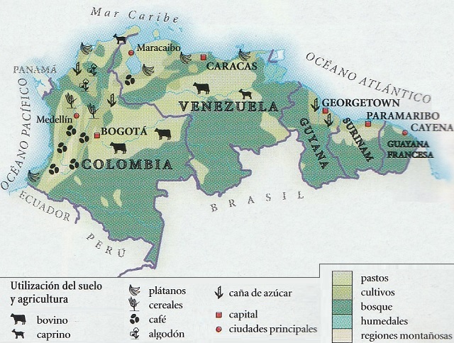 Mapa de la región septentrional de América del Sur que muestra el uso del suelo en Colombia, Venezuela y las Guyanas.