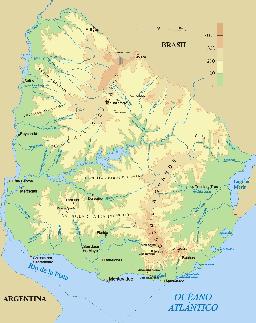 Mapa físico de Uruguay