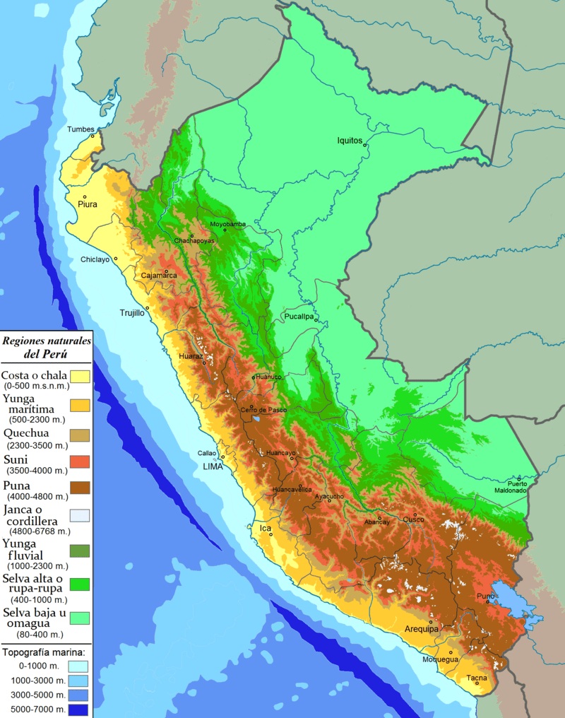 Mapa de Perú con la división geográfica de sus regiones naturales. También se muestra la ubicación de sus principales ciudades. Mapa de Perú con la división geográfica de sus regiones naturales. También se muestra la ubicación de sus principales ciudades.