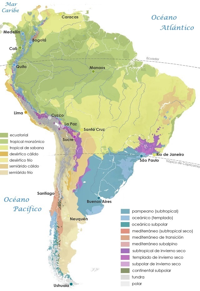 Mapa climático de América del Sur con el sistema Köppen