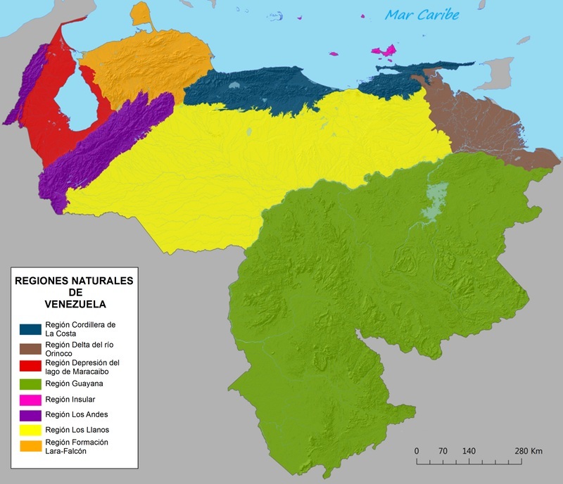 Mapa de Venezuela con la división geográfica de sus regiones naturales
