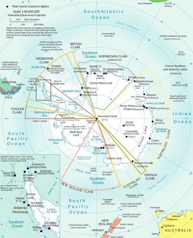 Mapa de la Antártida: Sectores reclamados por diferentes países