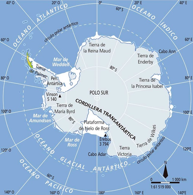 Mapa físico de la Antártida