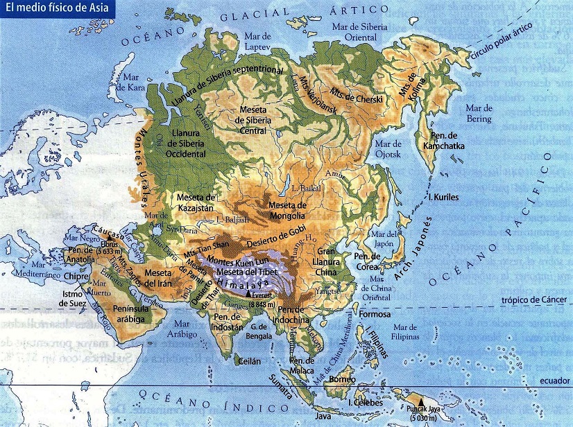 Mapa físico de Asia