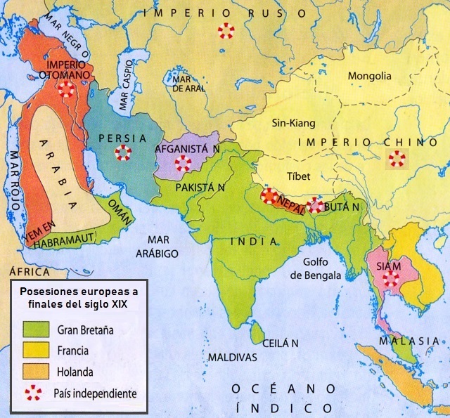 Mapa de Asia: Posesiones europeas a finales del siglo XIX