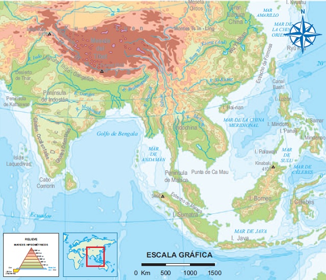 Mapa que muestra los aspectos geográficos de la región del sureste asiático