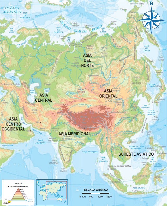 Mapa que muestra las regiones geográficas del continente asiático
