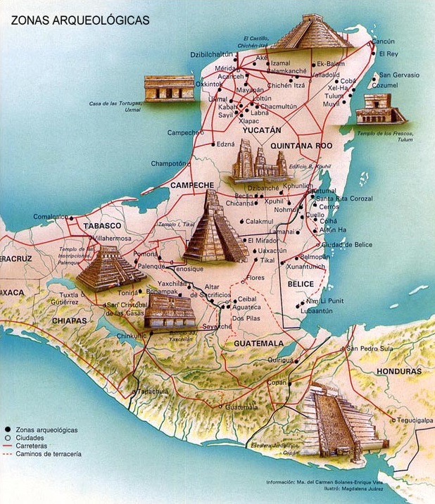 Mapa de la cultura maya que muestra sus principales centros arqueológicos