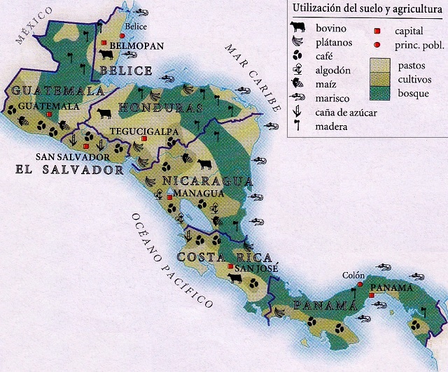 Mapa de Centroamérica que muestra el uso del suelo y del mar en la región