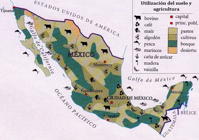 Mapa de México que muestra el uso del suelo y del mar