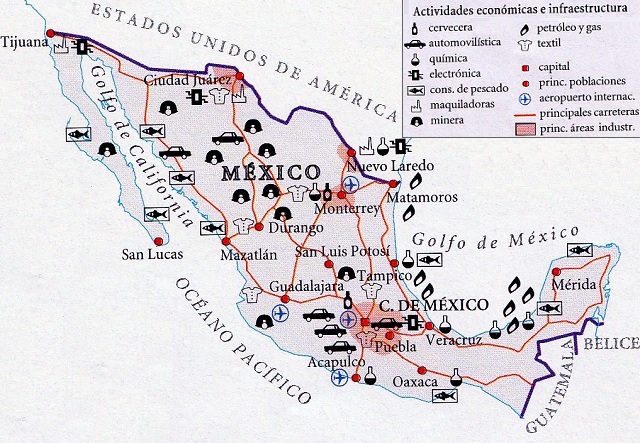 Mapa de México que muestra las actividades económicas más importantes del país