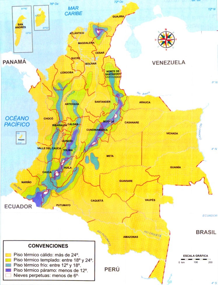 Mapa de la distribución de los pisos térmicos en Colombia