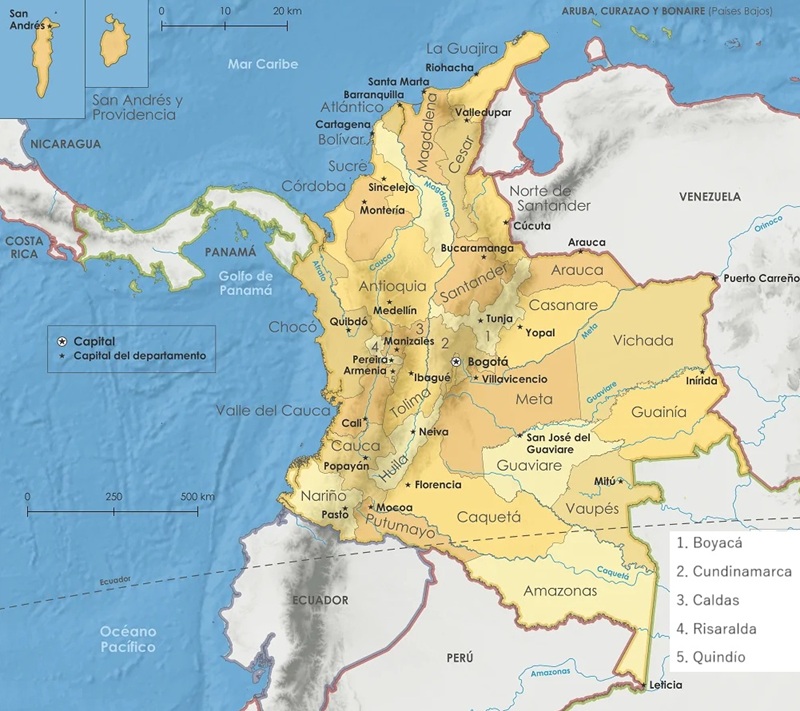Mapa de Colombia que muestra la delimitación de departamentos y la ubicación de las respectivas capitales Mapa de Colombia que muestra la delimitación de departamentos y la ubicación de las respectivas capitales