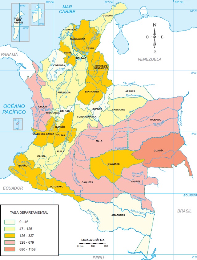 Mapa de Colombia que muestra la ampliación de la frontera agrícola