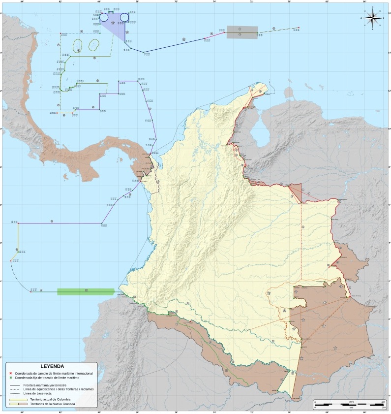 Mapa con los trazados y delimitaciones de fronteras de Colombia con sus vecinos, desde 1810 hasta la actualidad.