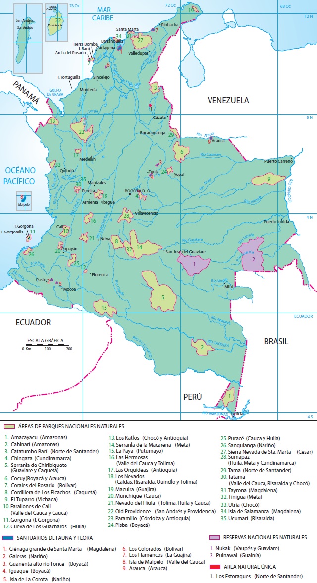 Mapa de Colombia con las áreas protegidas del Sistema de Parques Nacionales Naturales (PNN)