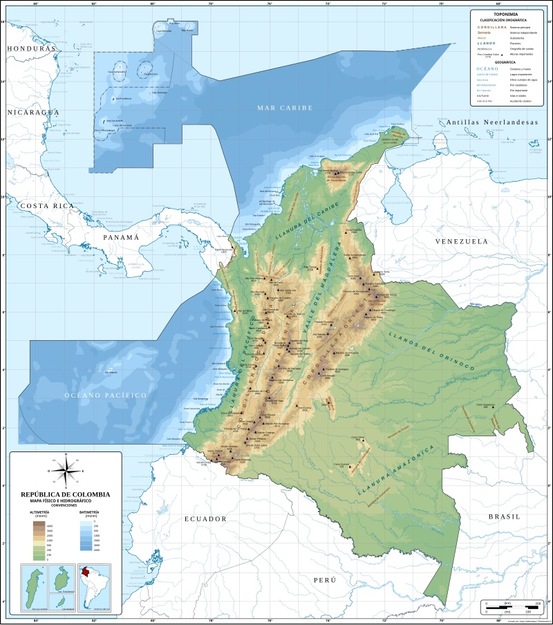Mapa de Colombia: Relieve y delimitación marítima Mapa de Colombia: Relieve y delimitación marítima