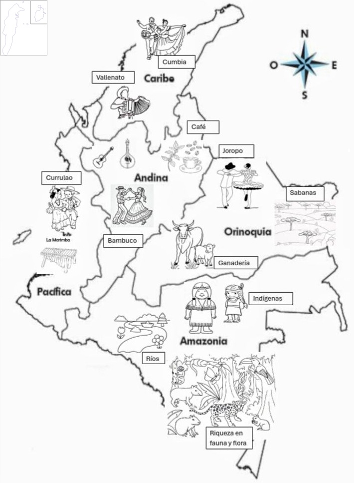 Mapa cultural de Colombia para colorear