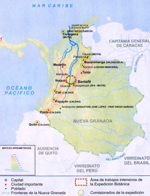 Mapa de Colombia: Áreas geográficas estudiadas en la Expedición botánica (1783-1808)