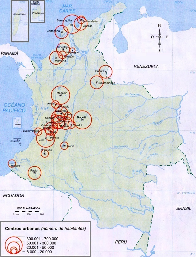 Mapa de Colombia con los principales centros urbanos en 1951