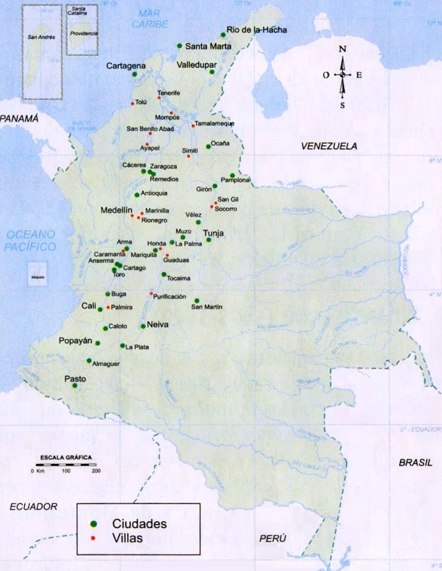 Mapa de Colombia: Centros urbanos en la Colonia