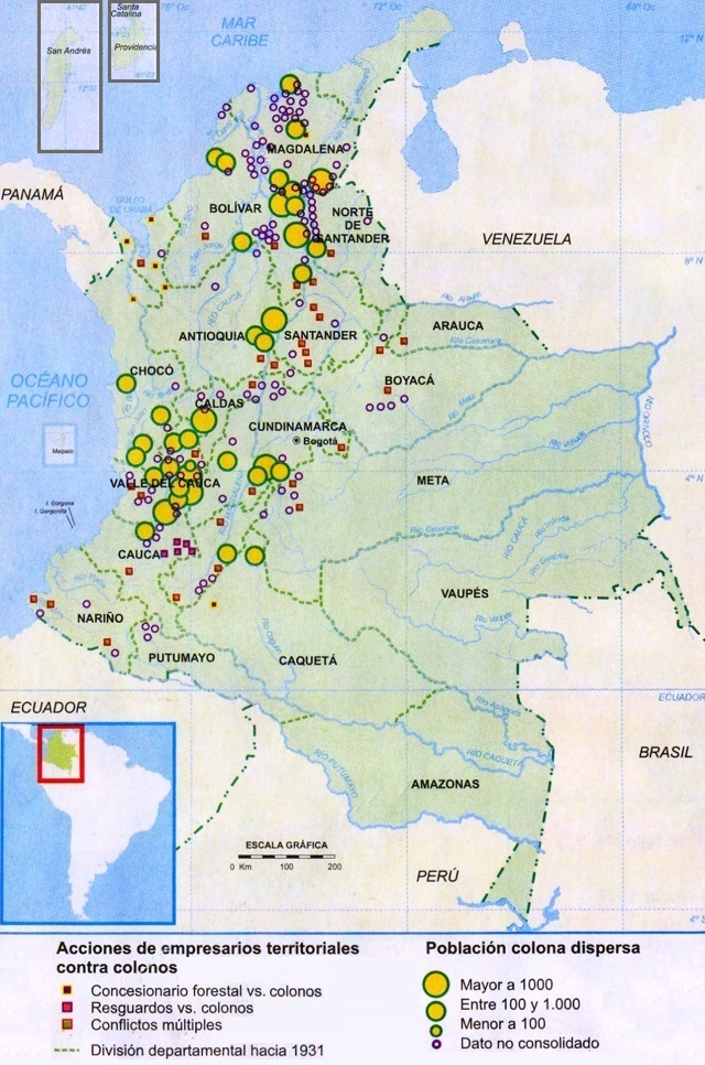 Mapa de Colombia: Conflictos por tierras baldías (1918-1931)