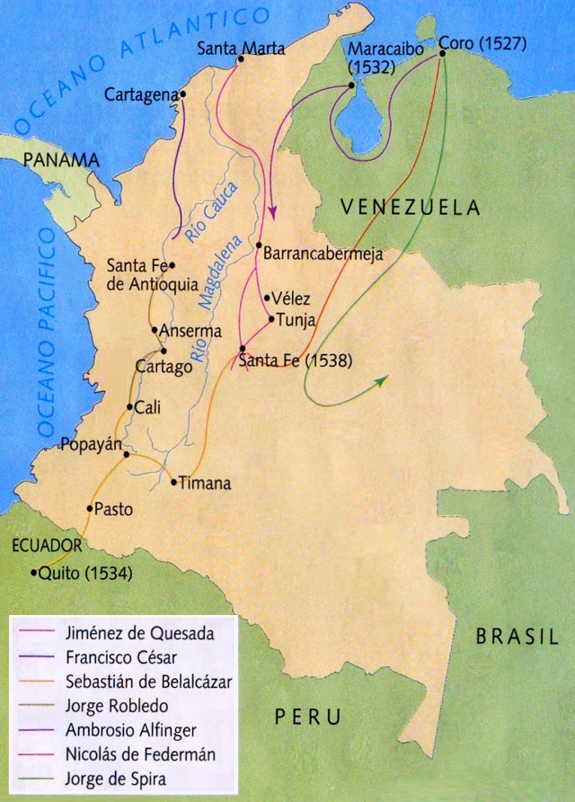 Mapa de Colombia: Rutas de Conquista española