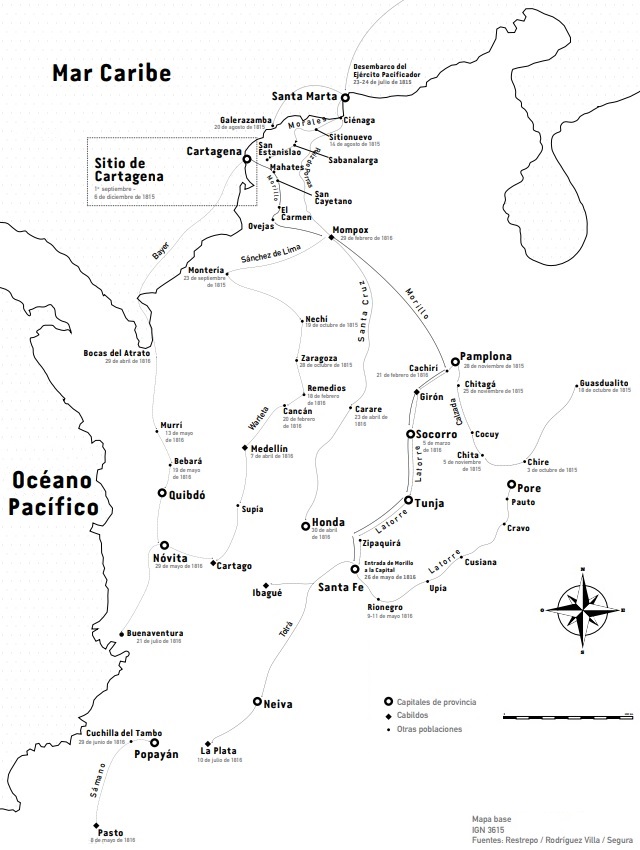 Mapa de Colombia: Rutas de la reconquista española
