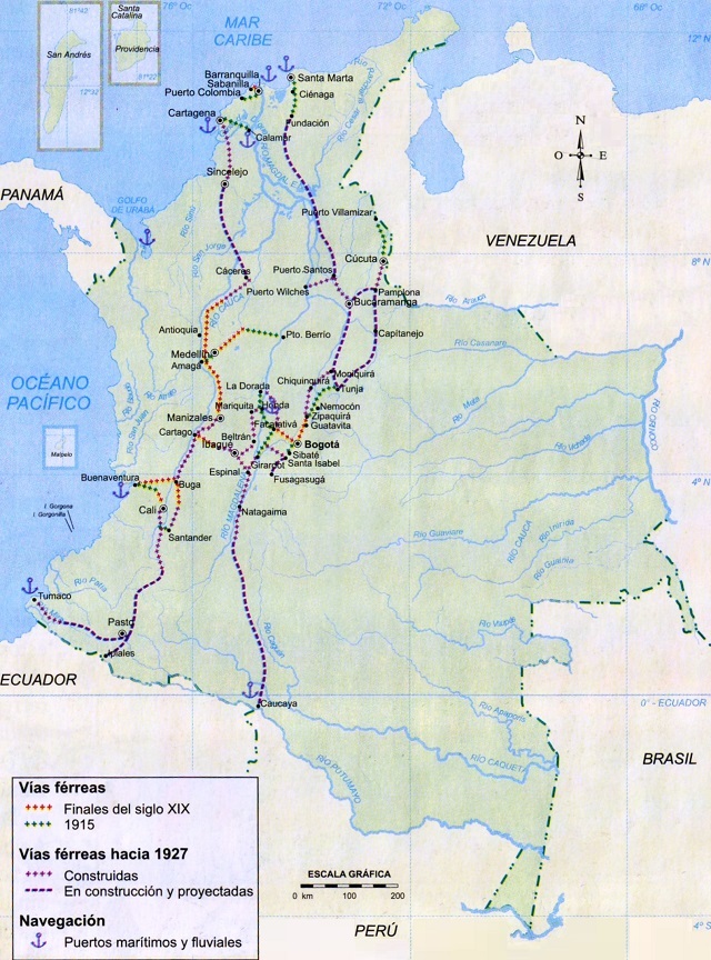 Mapa de Colombia con las líneas férreas a comienzos del siglo XX