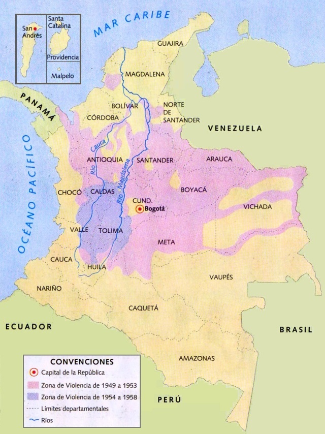Mapa de Colombia: Zonas de violencia en 1950