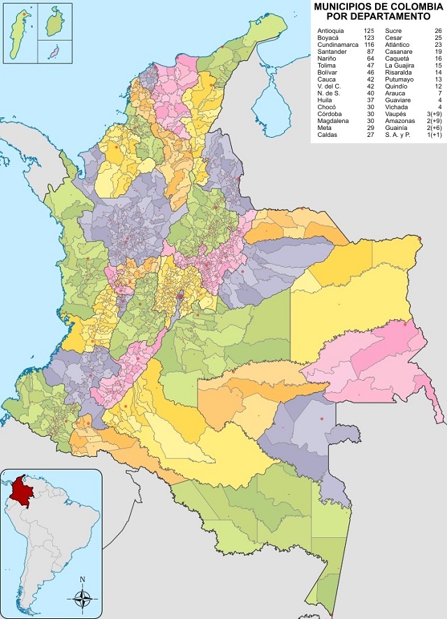Mapa de Colombia: Municipios por departamento