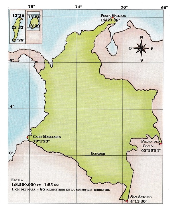 Mapa de los puntos extremos de Colombia