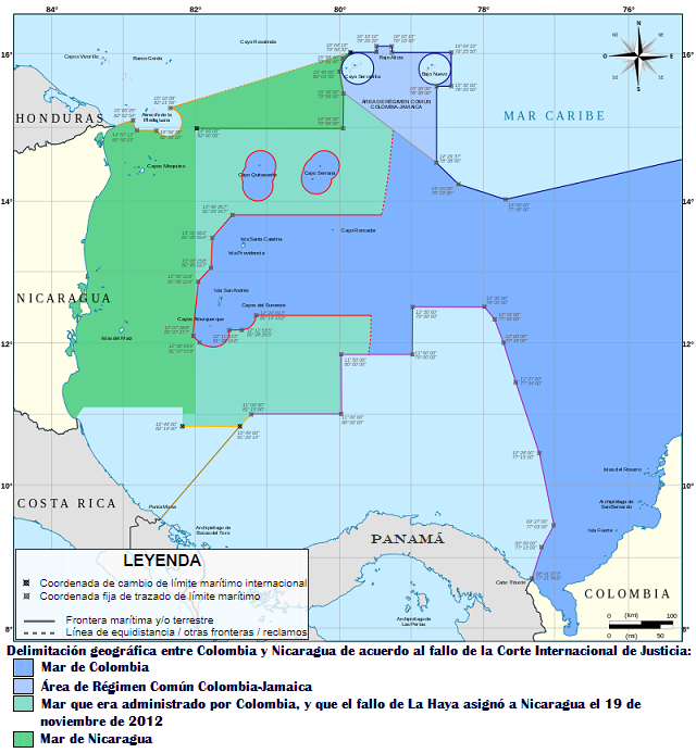 Mapa limítrofe de Colombia y Nicaragua