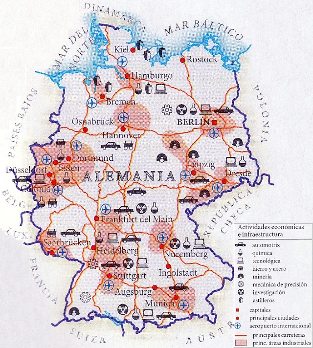 Mapa de Alemania que muestra las actividades económicas y su infraestructura