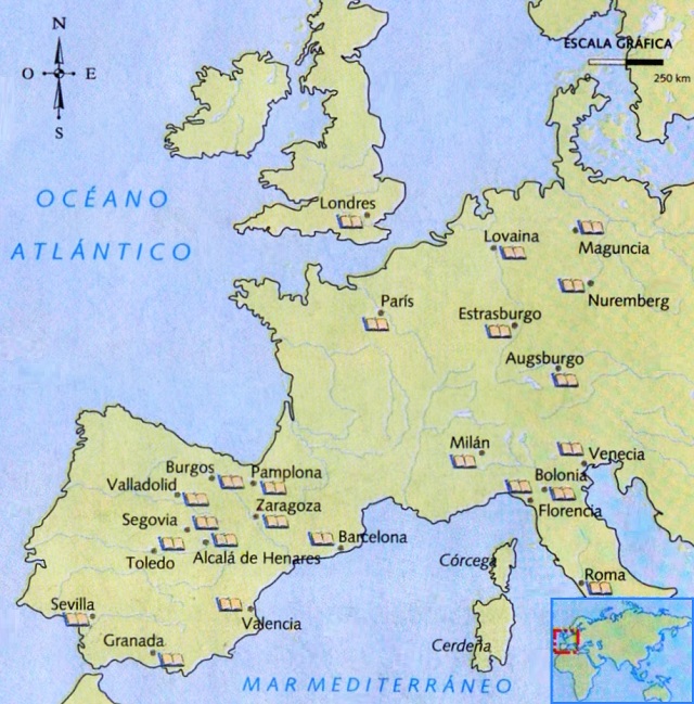 Mapa de Europa: Ciudades con imprenta en el siglo XV