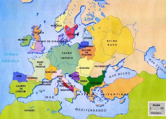 Mapa de Europa que muestra su división política hacia el año 1000
