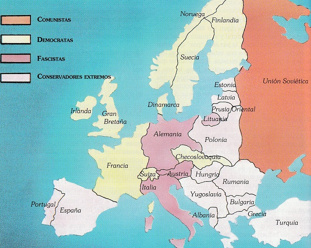 Mapa de los regímenes políticos en Europa en la década de 1930