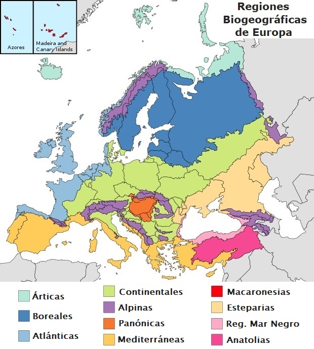 Mapa de las regiones biogeográficas del continente europeo