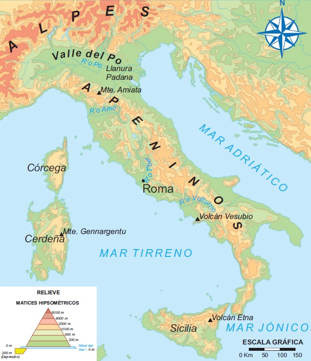 Mapa de Italia que muestra su relieve y condiciones físicas