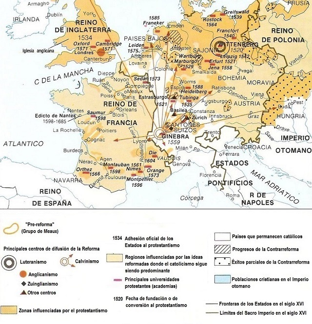 Mapa con la ruta de la difusión de la Reforma en Europa durante la segunda mitad del siglo XVI