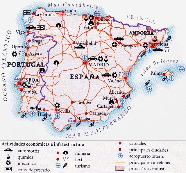 Mapa de la Península Ibérica: Actividades económicas