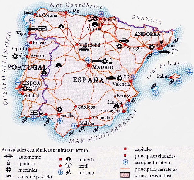 Mapa de la Península Ibérica: Actividades económicas