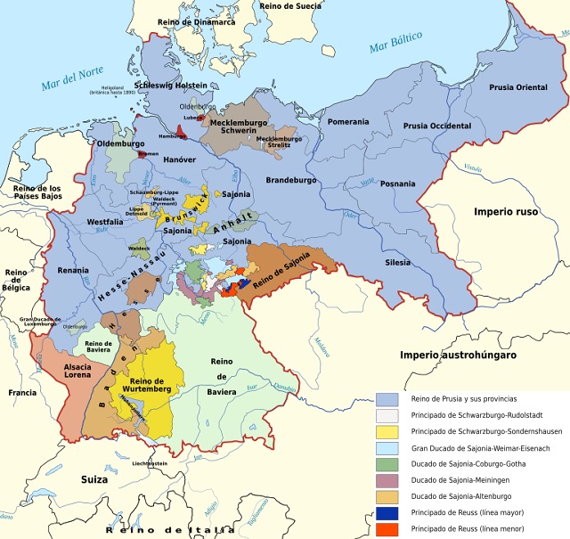 Mapa que muestra la extensión territorial del Imperio alemán en 1871 Mapa que muestra la extensión territorial del Imperio alemán en 1871