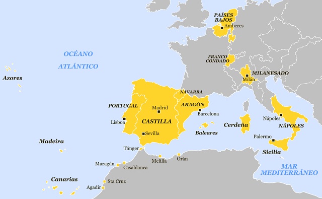 Mapa que muestra los dominios europeos y norteafricanos de Felipe II hacia 1580