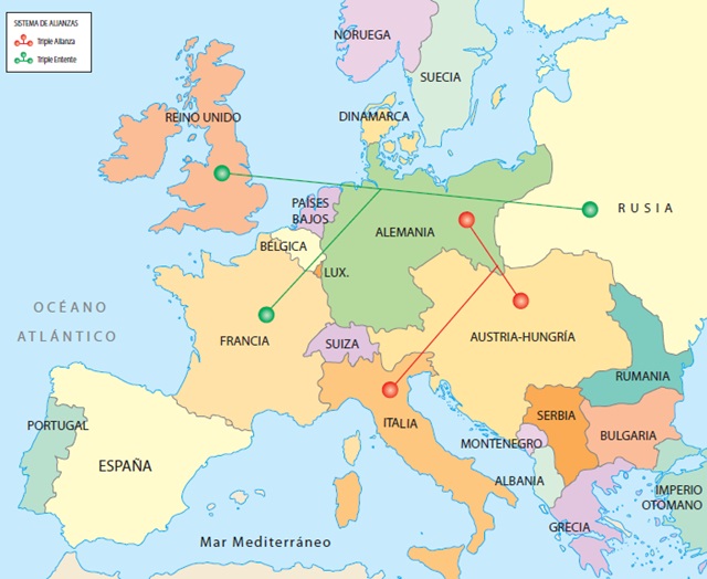Mapa de Europa que muestra los bloques militares en 1914 al iniciar la primera guerra mundial Mapa de Europa que muestra los bloques militares en 1914 al iniciar la primera guerra mundial