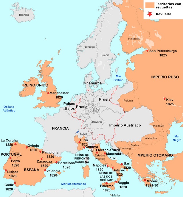 Mapa de Europa: Revoluciones de 1820